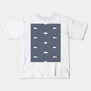 Blue white fish hand drawn silhouette pattern Kids T-Shirt